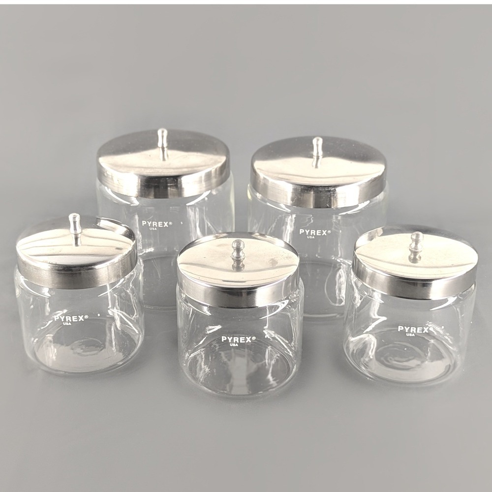 Pyrex USA Glass Canister Set 5pc Chrome Lids Vintage Apothecary Jars Clear